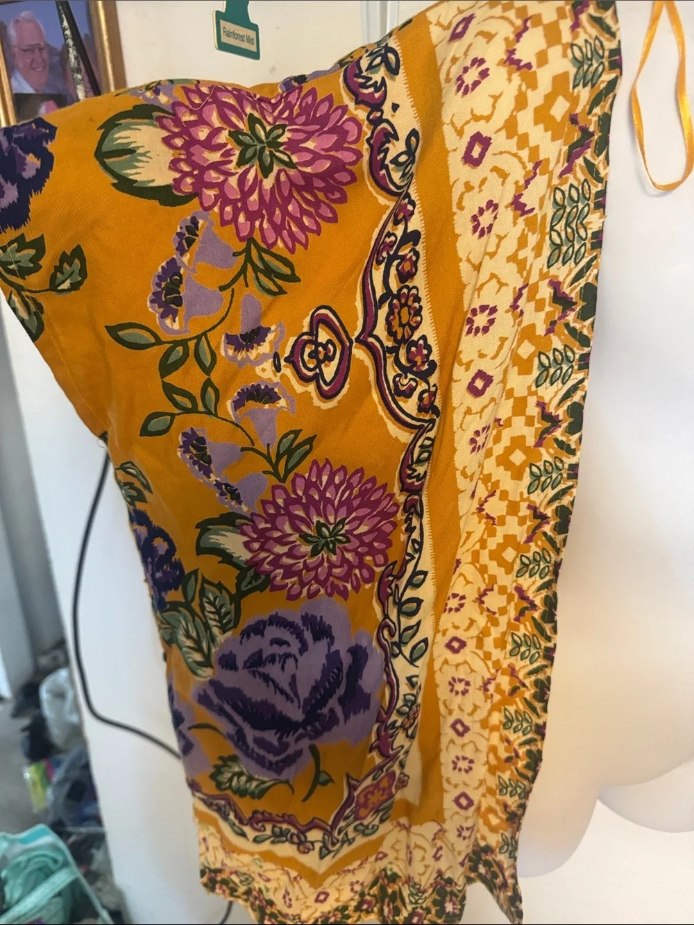 Boho Floral Open Front Kimono - Mustard & Purple